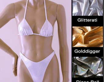 80s 90s High Leg Thong Bikini Bottom and Triangle Bikini Top in Gold, Silver, Disco Ball Glitter Hologram