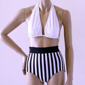 High Waisted Bikini Bottom in Black and White Stripe with White Marilyn Halter in Custom Bra Sizes