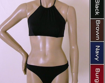 High Neck Halter Bikini Swimsuit in Black, Brown, Navy Blue and Burgundy Available in D-Cups
