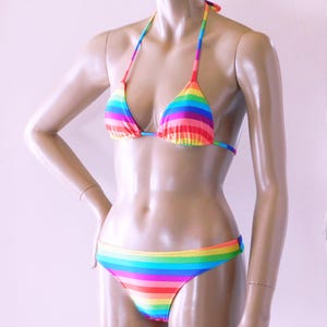 Thong Bikini Bottom and Triangle Top in Rainbow Stripe
