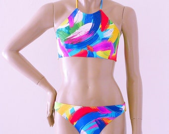 High Neck Halter Bikini Top and Full Coverage Bottom in Brushstroke Print Made To Order in S.M.L.XL.