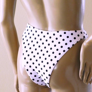 90s High Leg Brazilian Bikini Bottom and Triangle Top in White and Black Polka Dot image 3