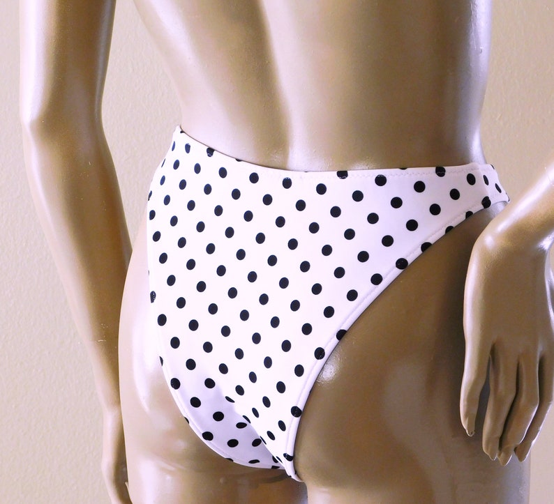 90s High Leg Brazilian Bikini Bottom and Triangle Top in White and Black Polka Dot image 3