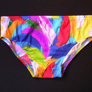 Mens Swim Brief Swimsuit in Multicolored Brushstroke Print
