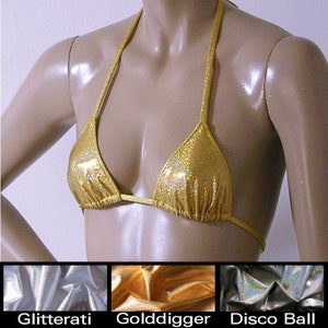 Triangle Bikini Top in Silver, Disco Ball and Gold Hologram in Sizes to DD