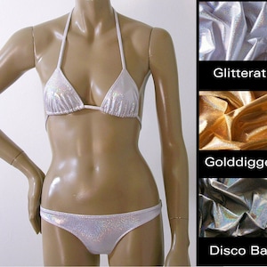 Triangle Top and Brazilian Bikini Bottom in Silver, Gold and Disco Ball Glitter Hologram