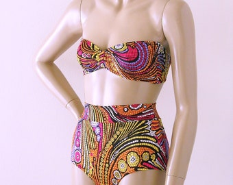 High Waisted Bikini Swimsuit Bottom and Retro Strapless Bandeau Bikini Top Two Piece Swimsuit in Mosaic Paisley Print in S.M.L.XL