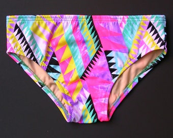 Mens Swim Brief Swimsuit in Regular or Low Rise in Neon Zigzag Print