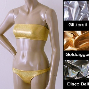 Strapless Bandeau and Brazilian Bikini Bottom in Silver Gold and Disco Ball  Glitter Hologram in Custom Cup Sizes