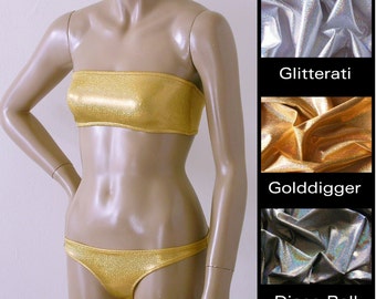 Strapless Bandeau and Brazilian Bikini Bottom in Silver Gold and Disco Ball  Glitter Hologram in Custom Cup Sizes