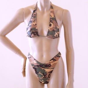 80s 90s Thong Bikini Bottom and Sliding Halter Top in Camouflage Print