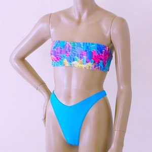 80s 90s Thong Bikini Bottom Swimsuit with High Leg and Strapless Bandeau Top in Skyline Print and Turquoise image 2
