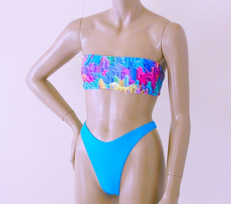 80s 90s Thong Bikini Bottom Swimsuit with High Leg and Strapless Bandeau Top in Skyline Print and Turquoise image 2