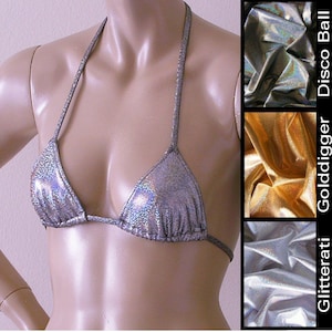 Triangle Bikini Top in Silver, Disco Ball and Gold Hologram in Sizes to DD