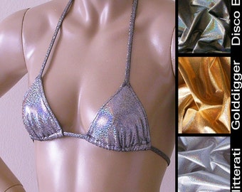 Triangle Bikini Top in Silver, Disco Ball and Gold Hologram in Sizes to DD