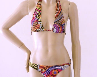 Thong Bikini Bottom and Sliding Halter Top in Mosaic Print Available in D and DD Cups