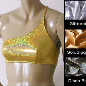 Top de bikini de un hombro en oro, plata y disco Ball Glitter Holograma