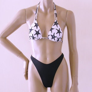 80s 90s Thong Bikini Bottom with High Leg and Triangle Top in Black and White Starfish Print
