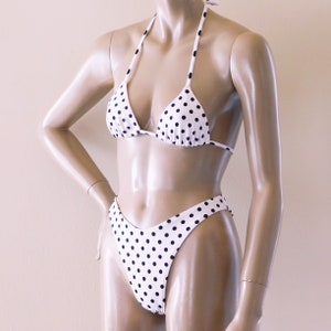 90s High Leg Brazilian Bikini Bottom and Triangle Top in White and Black Polka Dot image 2