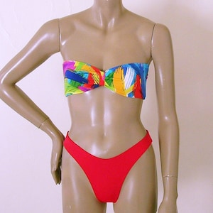 80s 90s High Leg Bikini Bottom in Red with Strapless Bandeau Top in Brushstroke Print S.M.L.XL.