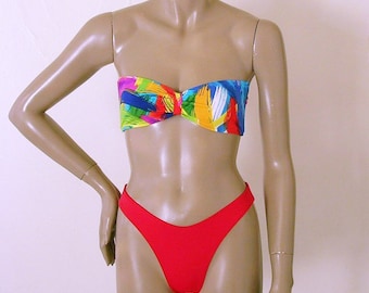 80s 90s High Leg Bikini Bottom in Red with Strapless Bandeau Top in Brushstroke Print S.M.L.XL.