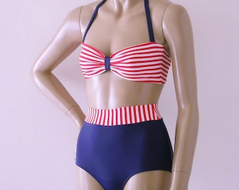 High Waisted Bikini Bottom and Retro Bandeau Top in Red and White Candy Stripe  and Navy Blue in S.M.L.XL