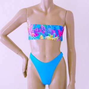 80s 90s Thong Bikini Bottom Swimsuit with High Leg and Strapless Bandeau Top in Skyline Print and Turquoise image 1