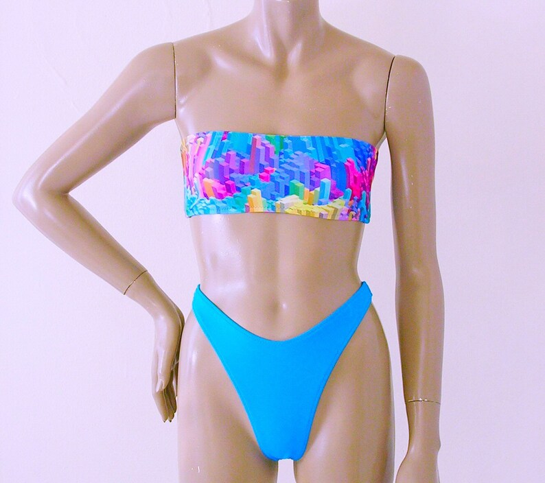 80s 90s Thong Bikini Bottom Swimsuit with High Leg and Strapless Bandeau Top in Skyline Print and Turquoise image 1