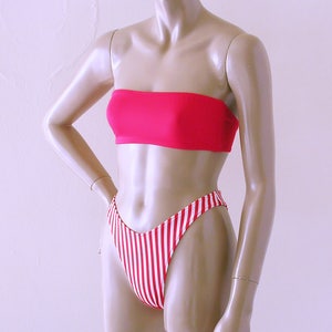 80s 90s High Leg Brazilian Bikini Bottom and Strapless Bandeau Top in Red and White Candy Stripe