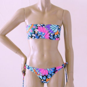 Thong Bikini Bottom with Tie Sides and Strapless Bandeau Bikini Top in Peacock Print in Custom Cup Sizes