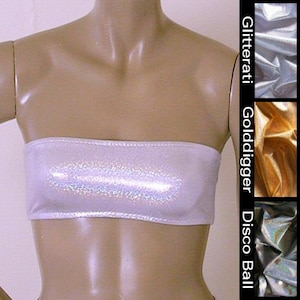 Strapless Bandeau Bikini Top in Gold, Silver, and Disco Ball Glitter Hologram
