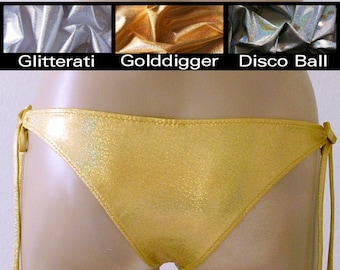 Brazilian Tie Bikini Bottom in Disco Ball, Gold or Silver Glitter Hologram