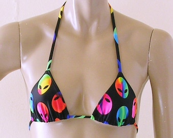 Triangle Bikini Top in Black and Neon Aliens Print in Sizes to DD Cup