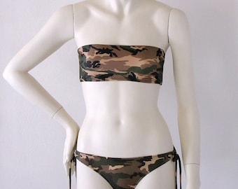 Strapless Bandeau Bikini Top and Tie Bikini Bottom in Camouflage in Custom Bra Sizes