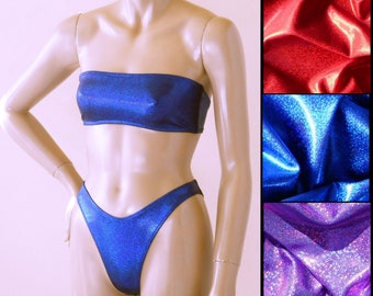 80s 90s Moderate Coverage Bikini Bottom with High Leg and Strapless Bandeau Top in Red, Purple, or Blue Glitter Hologram in Custom Cup Sizes