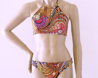 High Neck Halter Bikini Top and Full Coverage Bikini Bottom in Mosaic Print Made To Order