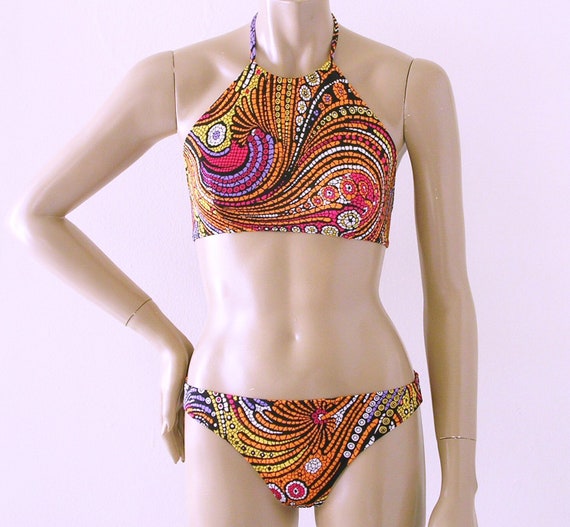 High Neck Halter Bikini Top and Full Coverage Bikini Bottom in Mosaic Print  Made to Order 