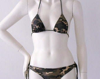 Camouflage Triangle Top and Tie Bottom Bikini in Custom Bra Sizes to DD Cup