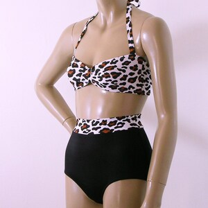 High Waisted Bikini Bottom and Retro Bandeau Bikini Top in Black and White Leopard S.M.L.XL