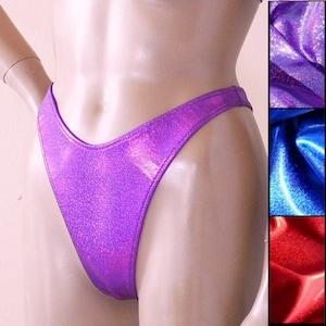 80s 90s High Leg Thong Bikini Bottom in Red, Blue and Purple Glitter Hologram