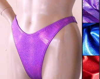 80s 90s High Leg Thong Bikini Bottom in Red, Blue and Purple Glitter Hologram