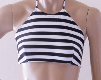High Neck Halter Bikini Top in Black and White Stripe in S-M-L-XL