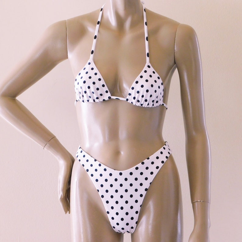 90s High Leg Brazilian Bikini Bottom and Triangle Top in White and Black Polka Dot image 1