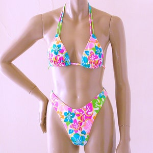 80s 90s High Leg Thong Bikini Bottom and Triangle Bikini Top in Maui White Floral Print