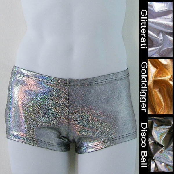 Traje de baño para hombre de talle bajo y corte cuadrado con holograma de purpurina plateada, dorada o disco