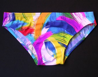 Mens Low Rise Swim Brief Swimsuit in Multicolored Brushstroke Print