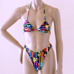 80s 90s Thong Bikini Bottom with High Leg and Triangle Top in Jazz Print in Sizes to DD