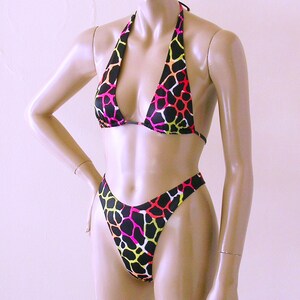 80s 90s Brazilian Bikini Bottom and Sliding Halter Top in Wired Giraffe Print in S-M-L-XL