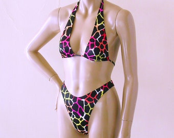 80s 90s Brazilian Bikini Bottom and Sliding Halter Top in Wired Giraffe Print in S-M-L-XL