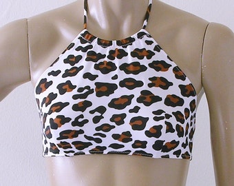 High Neck Halter Bikini Top in White Leopard Print in S-M-L-XL